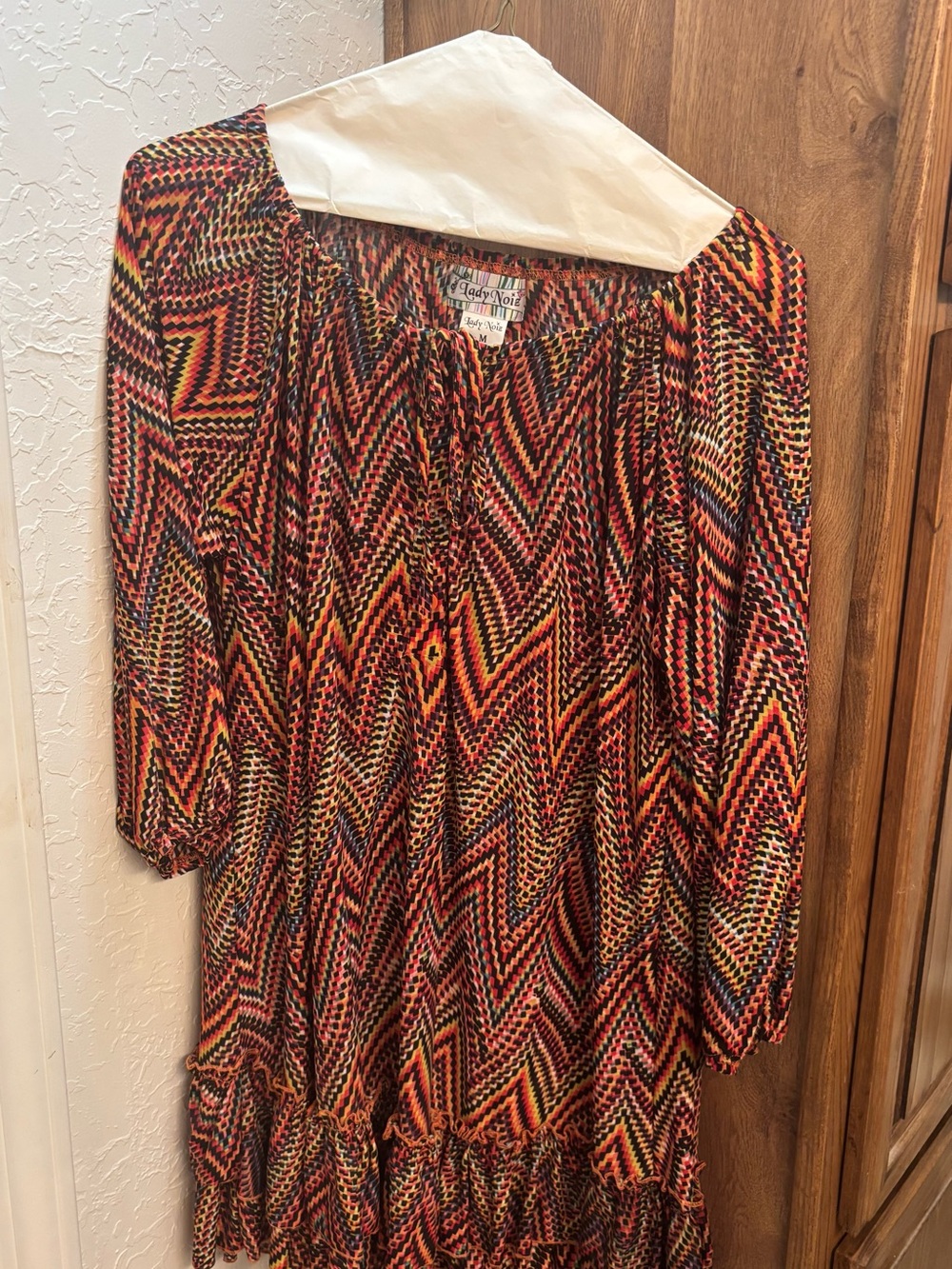 Lady Noiz Multi-Color Zigzag Peasant Dress - Orange, Black, Yellow